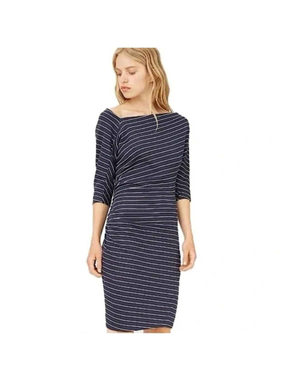 ** Club Monaco Navy Striped Jersey Knit Asymmetric Ruched Midi Dress Size S